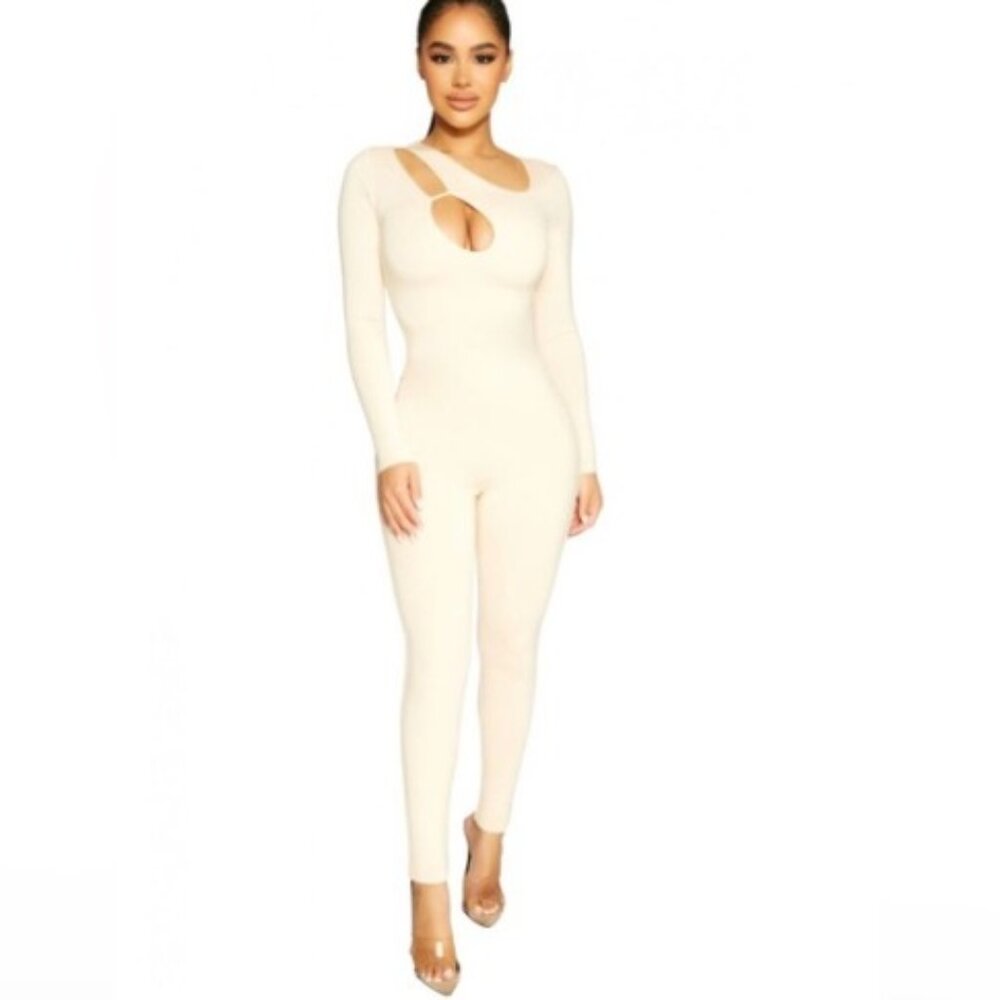 Naked wardrobe Butter It Up Jumpsuit Cut-Out Catsuit Neutral Bodycon Size Medium